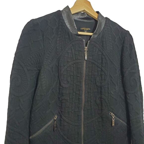 Alberto Makali | Wool Blend Mixed Media Faux Leather Trim Full Zip Bomber Jacket - Picture 2 of 12